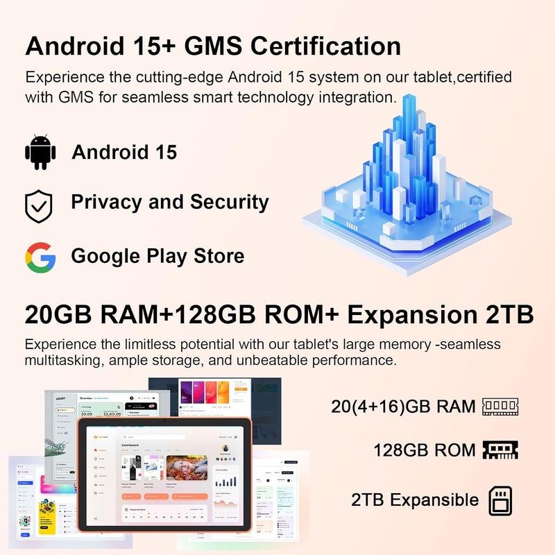 CUPEISI Android 15 Tablet 10 Inch, 20GB RAM+128GB ROM/2TB Expandable, 2.0GHz Quad-core Processor, 1280*800 HD Screen, 5G WiFi6 BT5.0, 2 in 1 Tablets with Keyboard Case Mouse Stylus, Widevine L1 Orange - Image 5